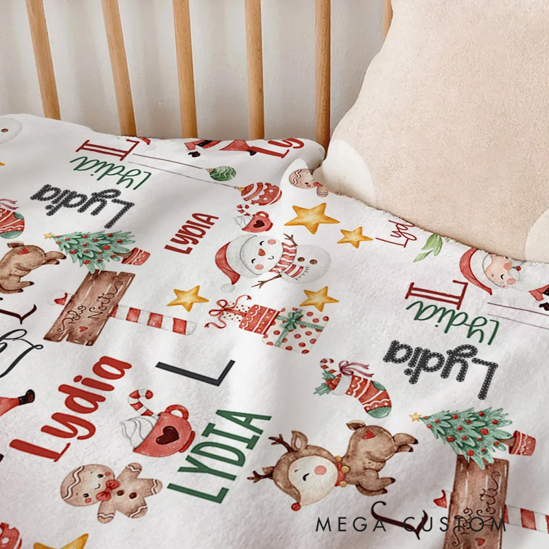 Personalized Cute Snowman Santa Claus Christmas Theme Soft Throw Blanket with Name Home Decor Christmas Gift for Kids Family