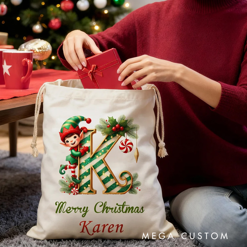 Personalized Merry Christmas Cute Elf Canvas Drawstring Gift Bag with Name and Initial First Christmas Party Favors for Kids Family