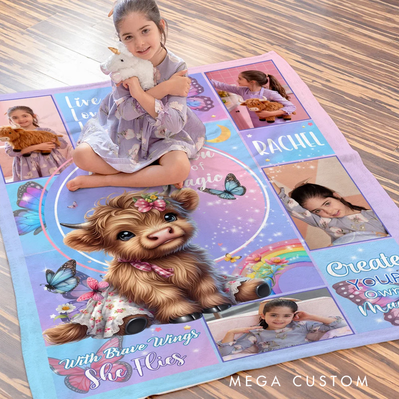 Personalized Floral Highland Cow Butterfly Soft Throw Blanket with Name and Photos Home Decor Baby Shower Birthday Gift for Girls