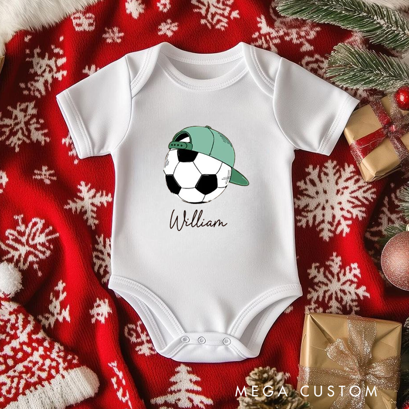 Personalized Soccer Baby Onesie with Baseball Cap and Ball Graphic, made from Soft Cotton Fabric with Editable Name