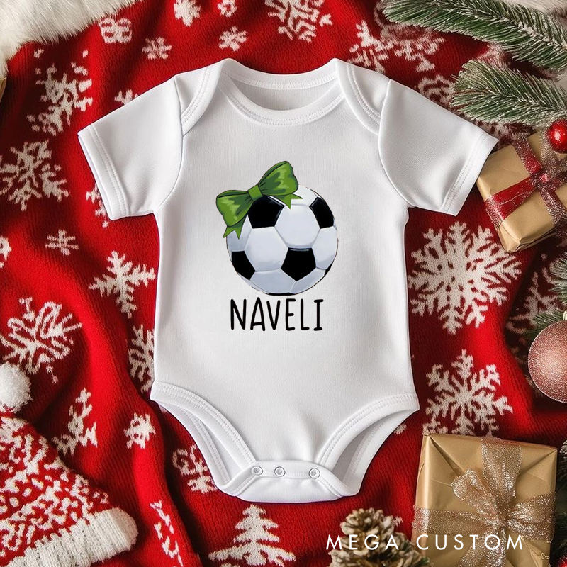 Personalized Soccer Baby Onesie with Bow and Ball Design Soft Cotton Fabric and Editable Name or Nickname
