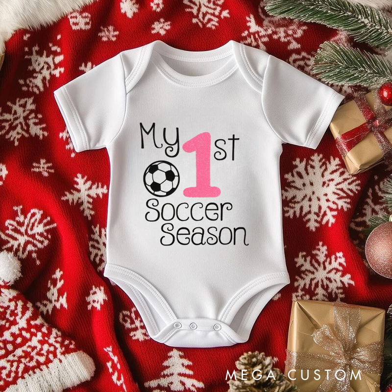 Personalized Baby Onesie with Soccer Ball and Number Motif Design Symbolizing Growth and Special First Milestones