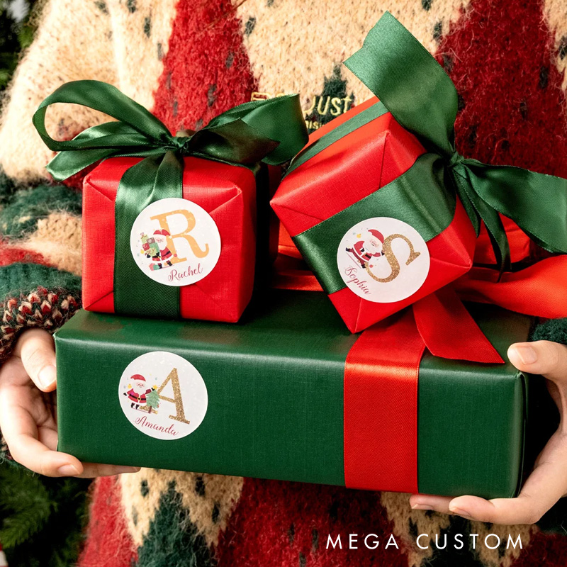 Personalized Santa Claus Initial Glitter Waterproof Stickers Labels with Name Gift Decor Christmas Party Favors for Family Friends