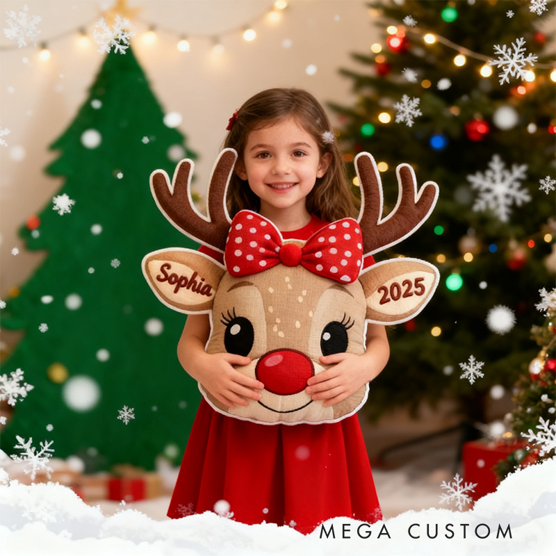 Personalized Cute Reindeer Face with Red Bow Custom Name and Year Soft Holiday Decoration Cozy Christmas Gift Plush Pillow