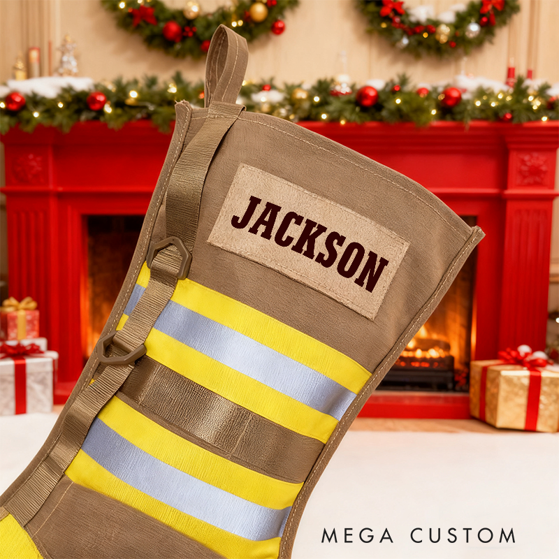 Personalized Firefighter Christmas Stocking with Custom Name Reflective Stripes and Firefighter Dog Design Perfect Holiday Gift