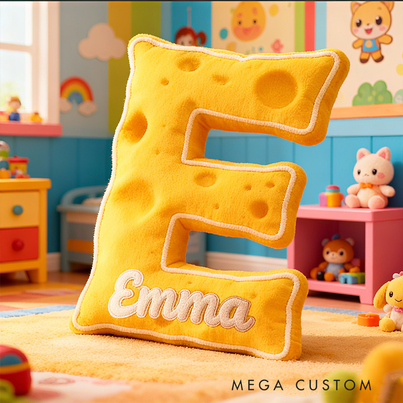 Personalized Yellow Cheese Letter Initial Custom Name Soft Decorative Gift Fun Kitchen Theme Kids Room Alphabet Shape Graphic 3D Print Pillow