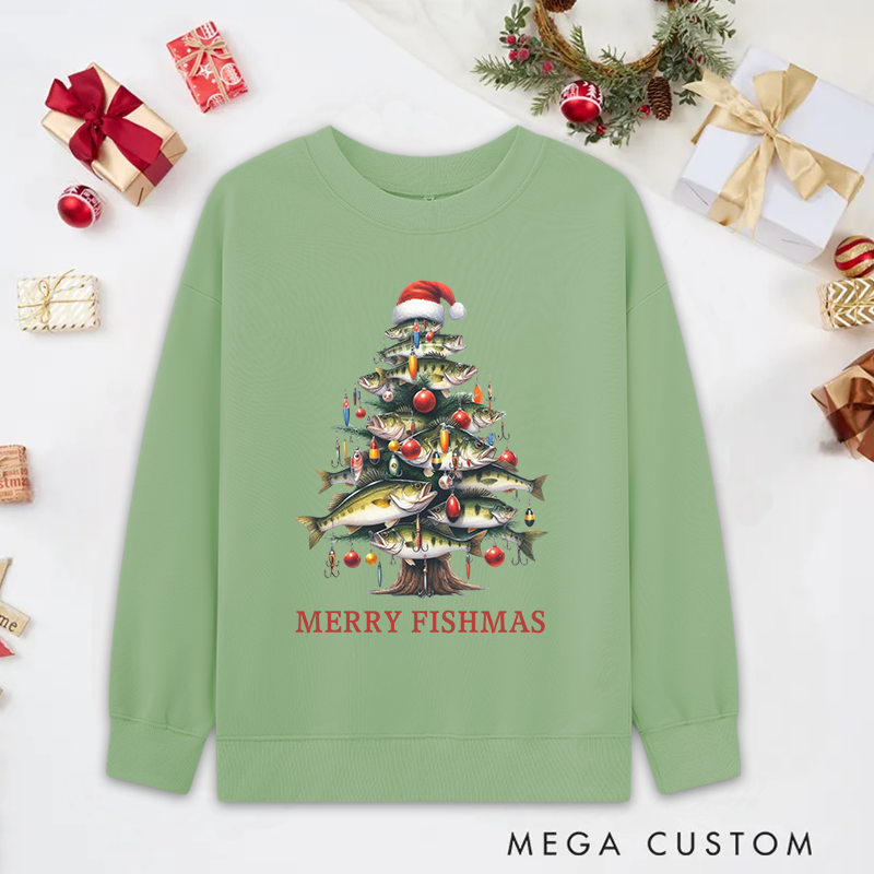 Personalized Festive Fish Tree Bass Sweatshirt Fisherman Christmas Tree Sweatshirt Cozy Funny Fishing Gift Holiday Gift for Fishing Enthusiasts