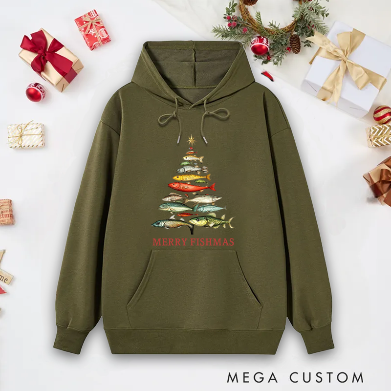 Personalized Funny Fishing Hoodie Fishing Christmas Tree Sweatshirt Festive Fish Tree Hoodie Warm Holiday Apparel for Fishing Lovers