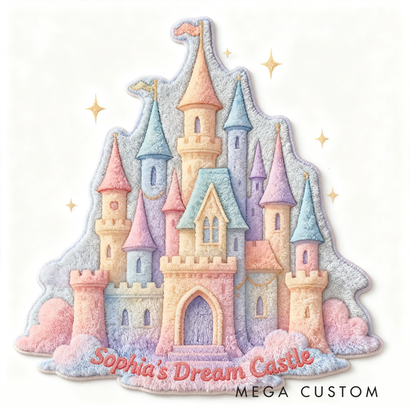 Personalized Dream Castle Shape Custom Name Soft Decorative Gift Fairytale Princess Style Cozy Nursery Room Rainbow Magic Fantasy Doormats