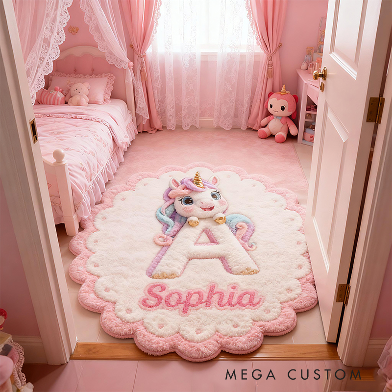 Personalized Initial Letter Custom Name Soft Decorative Gift Fairytale Princess Style Cozy Nursery Room Dream Magic Pink Doormats