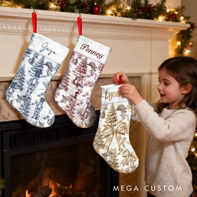 Personalized Toile De Jouy Santa Claus Reindeer Nutcracker Christmas Stocking with Name Home Decor Christmas Gift for Kids Family Friends