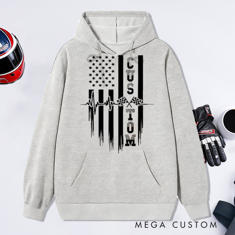 Personalized Racing Hoodie Custom Text Heartbeat Checkered Flag American Flag Sweatshirt for Car Lovers