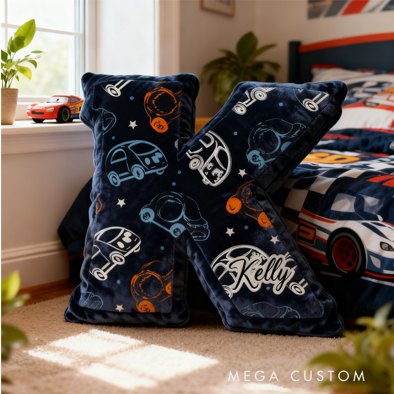 Personalized Cartoon Vehicle Themed Initial Pillow with Custom Name Gift for Kids and Vehicle Enthusiasts