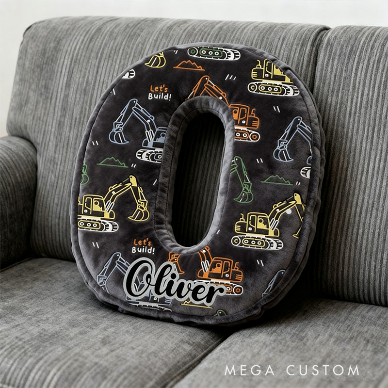 Personalized Construction Vehicle Themed Initial Pillow with Custom Name Gift for Kids Builders