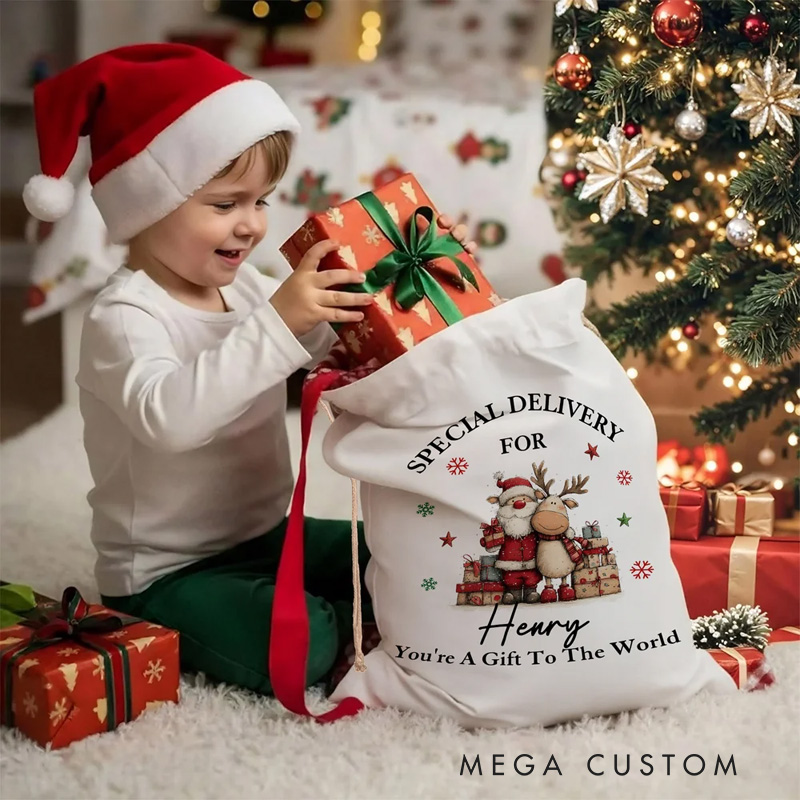 Personalized Santa Claus Snowman Reindeer Design Canvas Drawstring Gift Bag with Name Christmas Gift for Kids Family