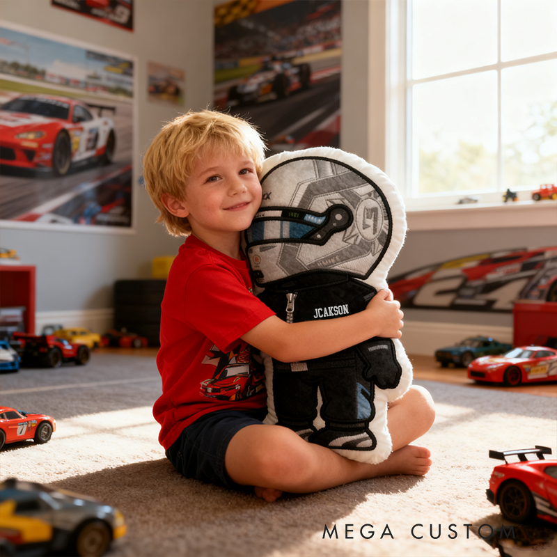 Personalized Vehicle Racing Driver Shaped Pillow with Silver Design and Custom Name Unique Gift for Kids