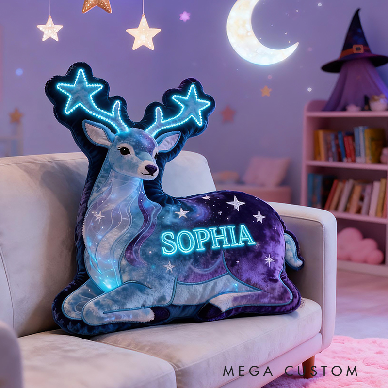 Personalized Star Deer Custom Name Soft Decorative Gift Magical Night Sky Style Cozy Bedroom Dream Galaxy Glow Enchanted Forest Fantasy Light Graphic 3D Print Pillow
