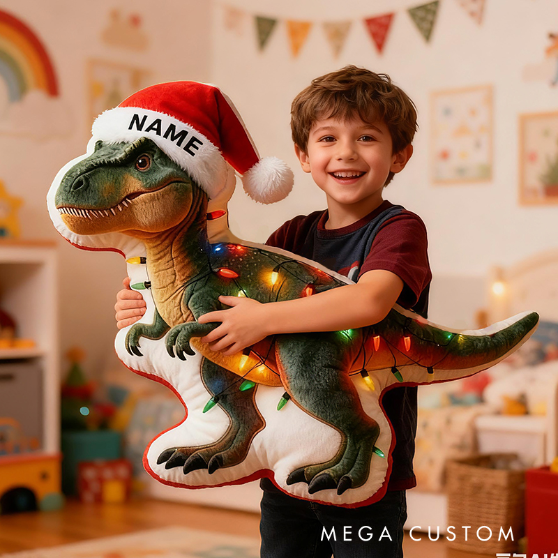 Personalized Christmas Dinosaur Custom Name Soft Decorative Gift Festive Holiday Style Cozy Home Fun Santa Hat Lights Joyful Winter Party Cute Graphic 3D Print Pillow