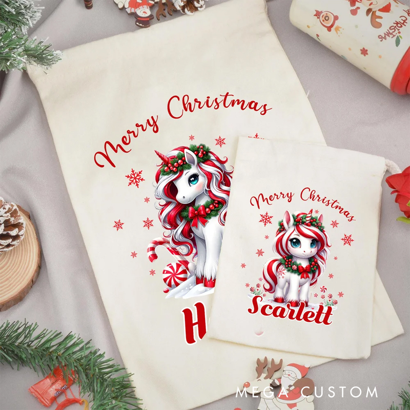 Personalized Merry Christmas Fantasy Dream Horse Drawstring Gift Bag with Name Christmas Eve Party Favors for Girls Boys Kids