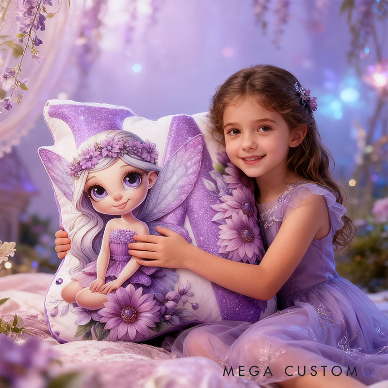 Personalized Fairy Letter Custom Name Soft Decorative Gift Magical Fantasy Style Cozy Bedroom Purple Flower Sparkle Dream Lovely Wings Enchanted Night Graphic 3D Print Pillow