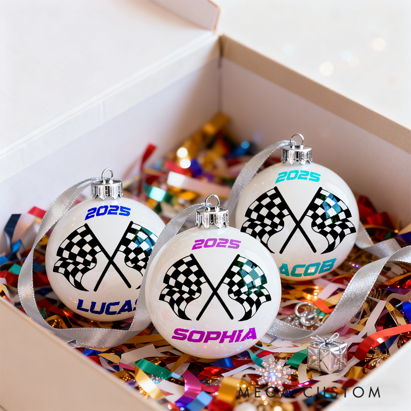 Personalized Racing Christmas Ornament Checkered Flag Ornament Set for Racers and Racing Lovers