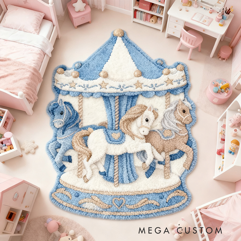 Personalized Carousel Horse Custom Name Soft Decorative Gift Magical Fairytale Style Cozy Nursery Pink Dream Lovely Ride Sweet Princess Room Graphic Carpet Rug for Kids