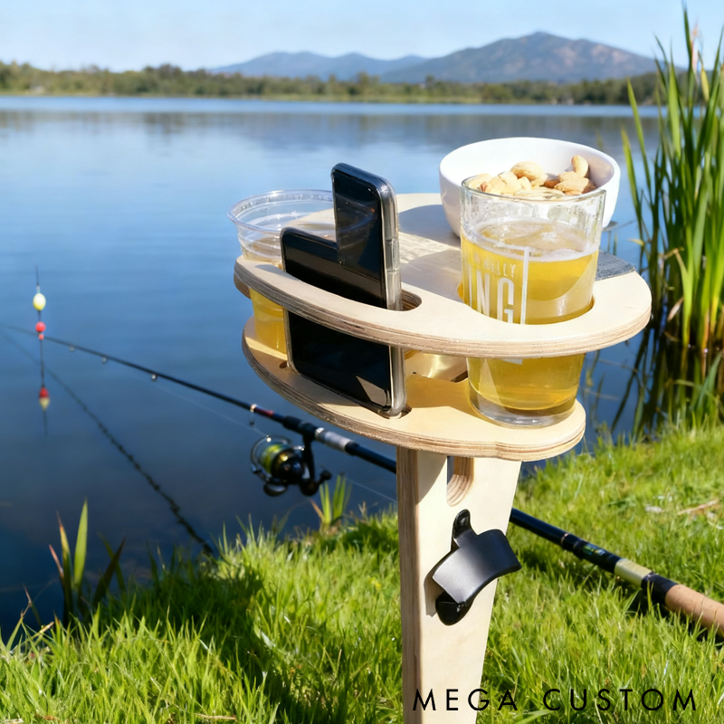 Personalized Fishing Table Engraved Wooden Design with Fun Quote Custom Name Portable Outdoor Table with Cup Holders for Fishing and Camping
