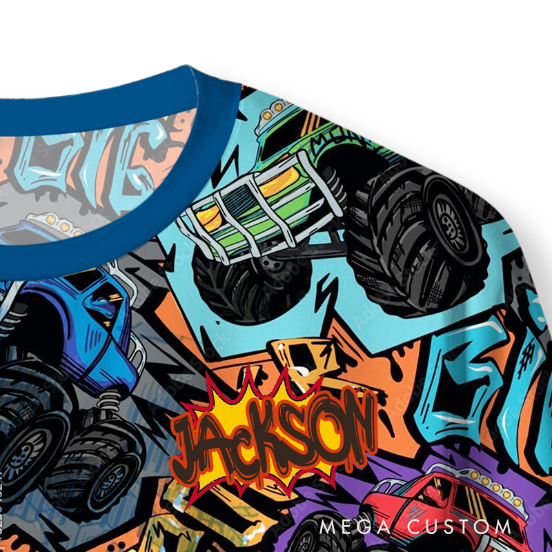Personalized Monster Truck Racing Themed Christmas Pajamas with Colorful Graphics Gift for Motorsport Fans