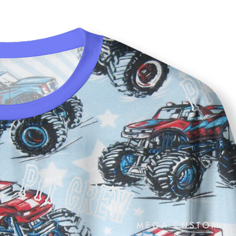 Personalized Monster Truck Christmas Pajama Set with Cool Blue Design Vehicle Lover Gift