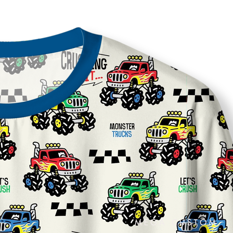Personalized Monster Truck Christmas Pajama Set with Colorful Checkered Design Vehicle Lover Gift