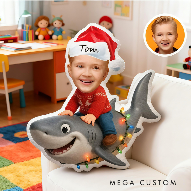 Personalized Christmas Shark Custom Name Soft Decorative Gift Holiday Fun Style Cozy Bedroom Red Green Santa Hat Joyful Ocean Adventure Cute Boy Room Festive Graphic 3D Print Pillow