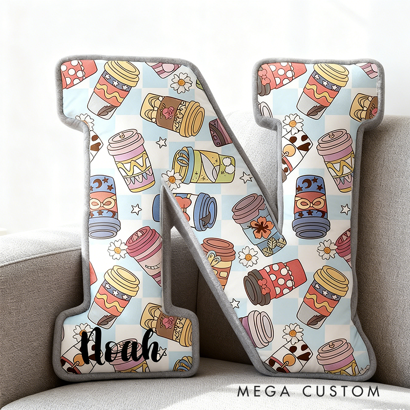 Personalized Coffee Themed Letter Shaped Pillow  Custom Name Design Gift