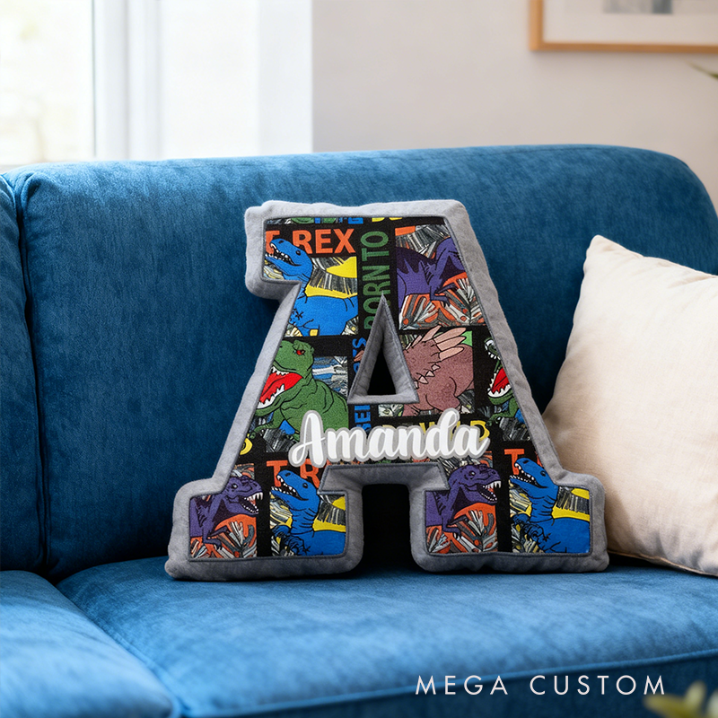 Personalized Dinosaur Themed Letter Shaped Pillow Custom Name Design