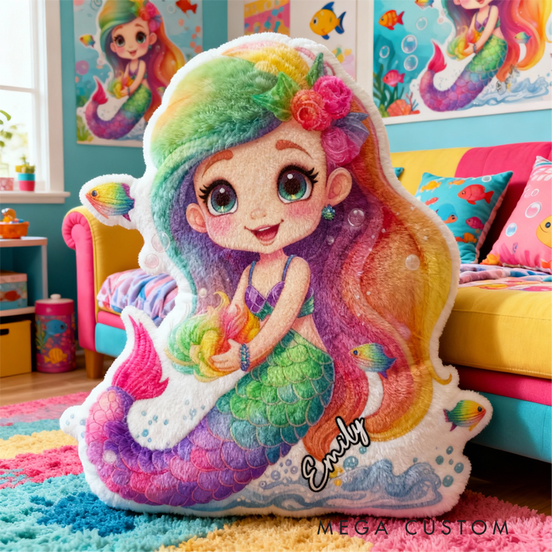 Personalized Colorful Mermaid with Name Graphic 3D Print Pillow Christmas Gift for Kids or Baby Birthday Gift