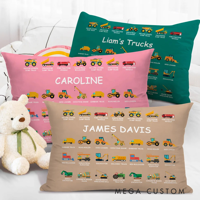 Personalized Construction Truck Excavator Bulldozer Throw Pillow Cover with Name Home Decor Christmas Birthday Gift for Boys Truck Lovers