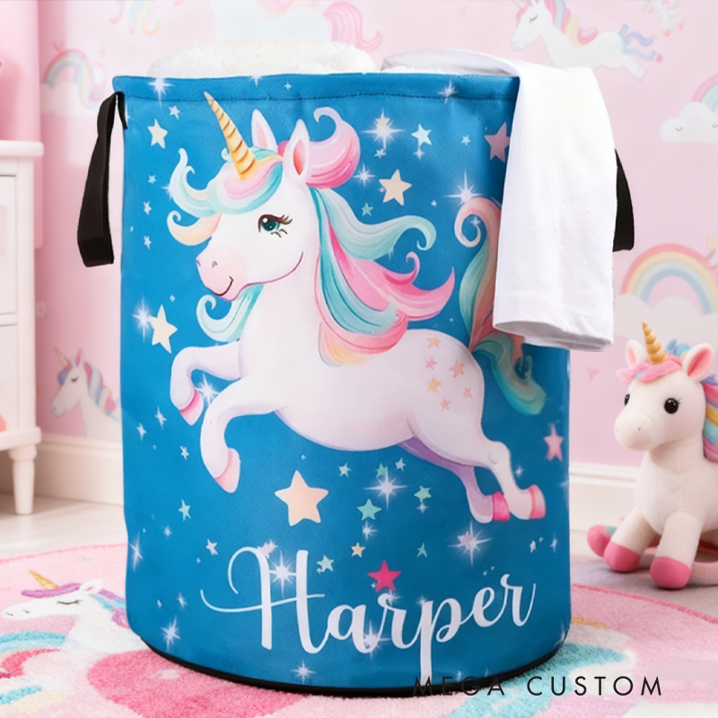 Personalized Dream Horse Name Large Toy Laundry Basket with Handle Waterproof Nursery Decoration Housewarming Gift for Kids
