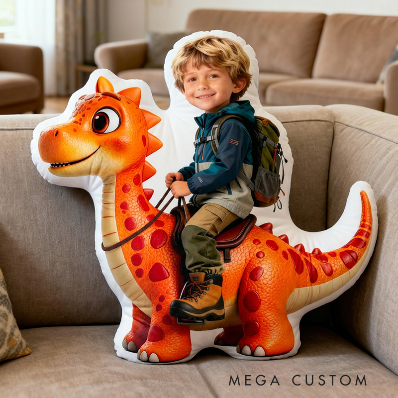 Personalized Face Portrait Pillow with Dinosaur Pattern with Name Graphic 3D Print Pillow Christmas Gift for Kids or Baby Birthday Gift