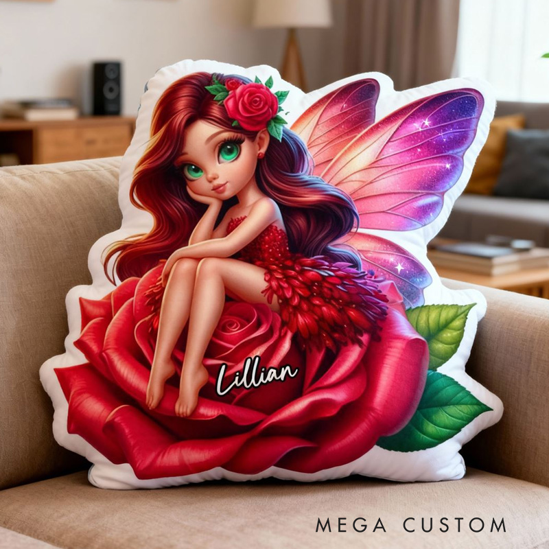 Personalized Beautiful Fairy Cushion Sitting On Red Rose For Girls Room Graphic 3D Print Pillow