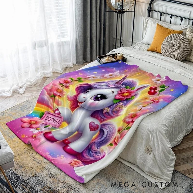 Personalized Cute Dream Horse Blanket With Rainbow And Heart For Girls Bedroom Blanket