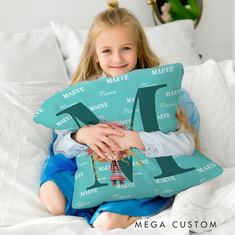 Personalized Multicolor Cute Cartoon Quirky Girl Soft Throw Pillow Cover with Name and Initial Home Decor Birthday Children's Day Gift for Girls