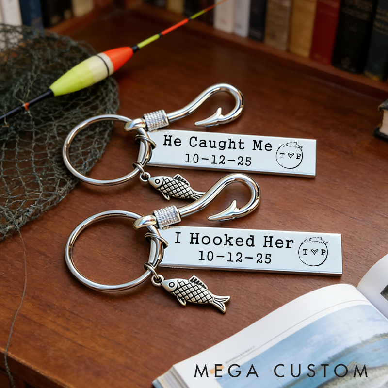 Personalized Fishing Keychain He Caught Me and I Hooked Her Design Custom Time and Initials Romantic Gift for Couples and Fishing Lovers