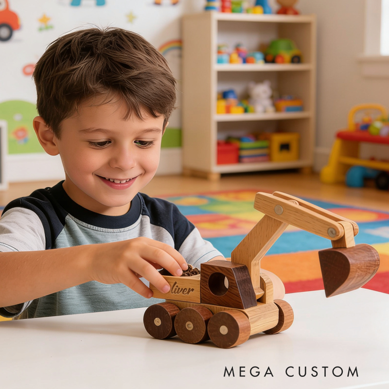 Personalized Toy Construction Excavator Handmade Wooden Construction Toy Vehicles Custom Baby Gifts Birthday Boy Gifts Kids Pretend Play First Christmas