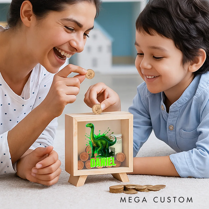 Personalised Ink-Splashed Dinosaur Wooden Clear Piggy Money Box with Name Birthday Gift for Kids Dinosaur Lovers