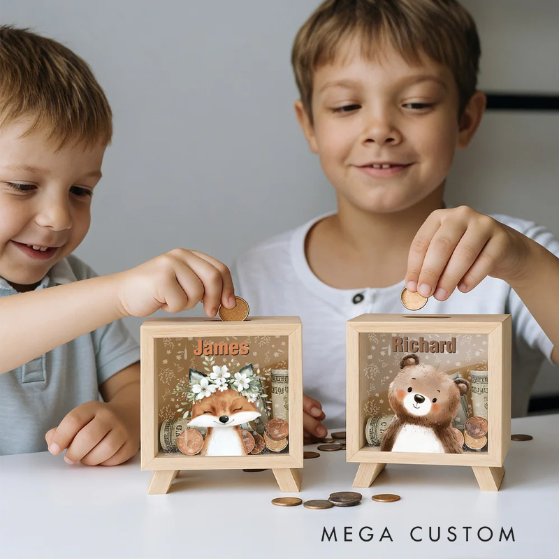 Personalised Cute Flower Wreath Animals Wooden Money Box Piggy Bank with Name Back to School Birthday Gift for Kids