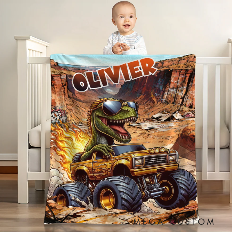 Personalized Monster Cheetah Lion Dinosaur Truck Soft Throw Blanket with Name Birthday Gift for Boys Kids Babies Truck Lovers