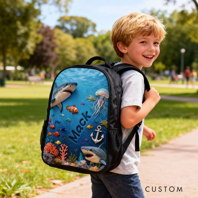 Personalized Underwater World Design and Custom Name for Kids Black to School Gift 