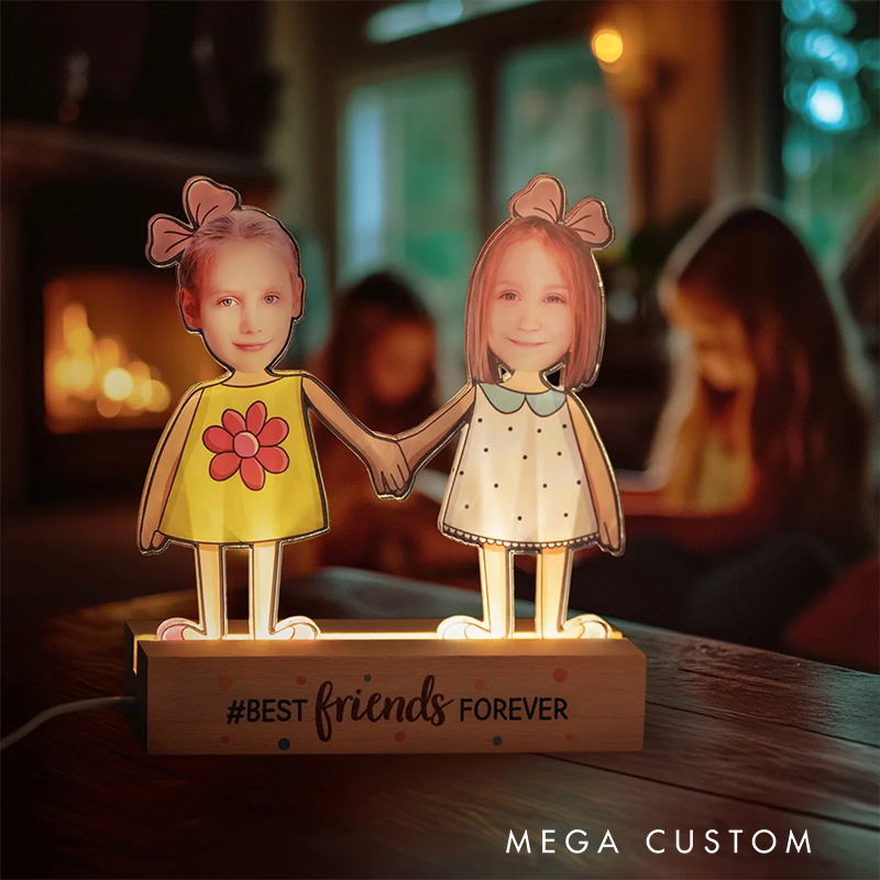 Personalized Kid Photos Best Friends Forever LED Night Light with Wooden Base Home Decor Friendship Birthday Gift for Boys Girls