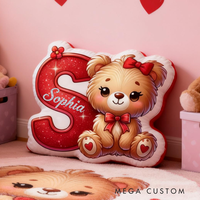 Personalized Cute Romantic Heart Cartoon Bear Initial with Name Graphic 3D Print Pillow Valentine's Day Gifts Funny Gifts