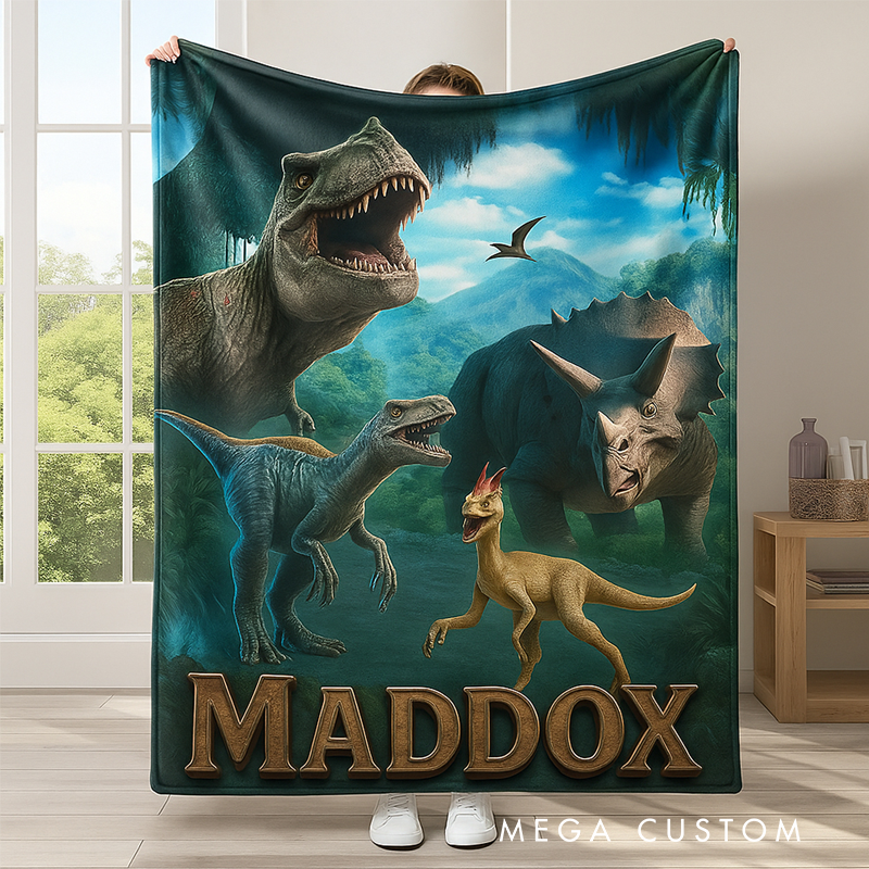 Personalized Dinosaur Themed Blanket with Name Home Decor Birthday Gift for Boys Dinosaur Lovers