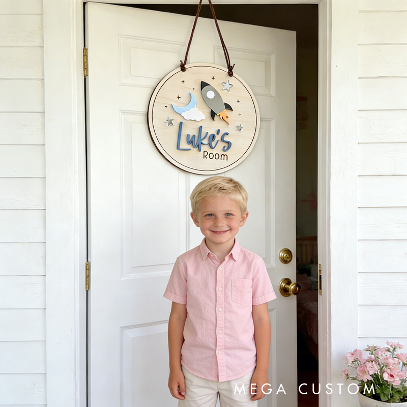 Personalized Space Theme Cute Rocket Custom Name Wall Decor For Kids Room Childs Bedroom Door Sign